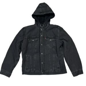 Levis Mens Denim Sherpa Lined Hooded Jean Jacket Fall Pocket Drawstring Size S